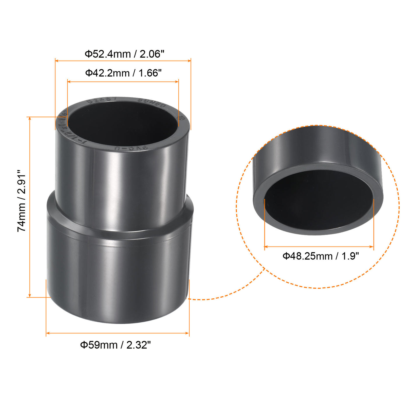 Harfington 3 Stück UPVC Rohrverschraubung für Reduzierstücke 1-1/2" x 1-1/4" Socket Zeitplan 80, Adapteranschluss mit gerader Kupplung, Grau