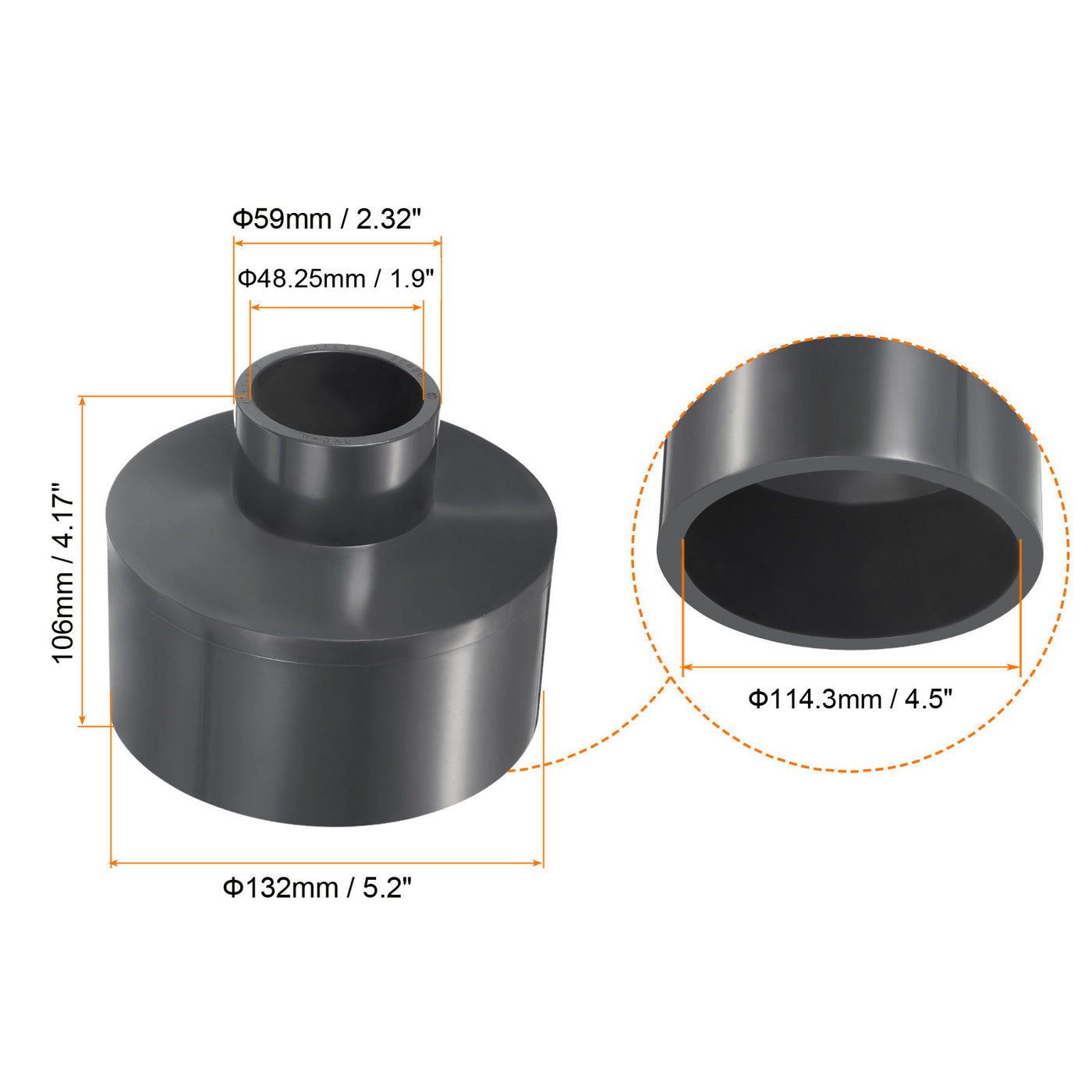 Harfington UPVC Rohrverschraubung für Reduzierstücke 4" x 1-1/2" Socket Zeitplan 80, Adapteranschluss mit gerader Kupplung, Grau