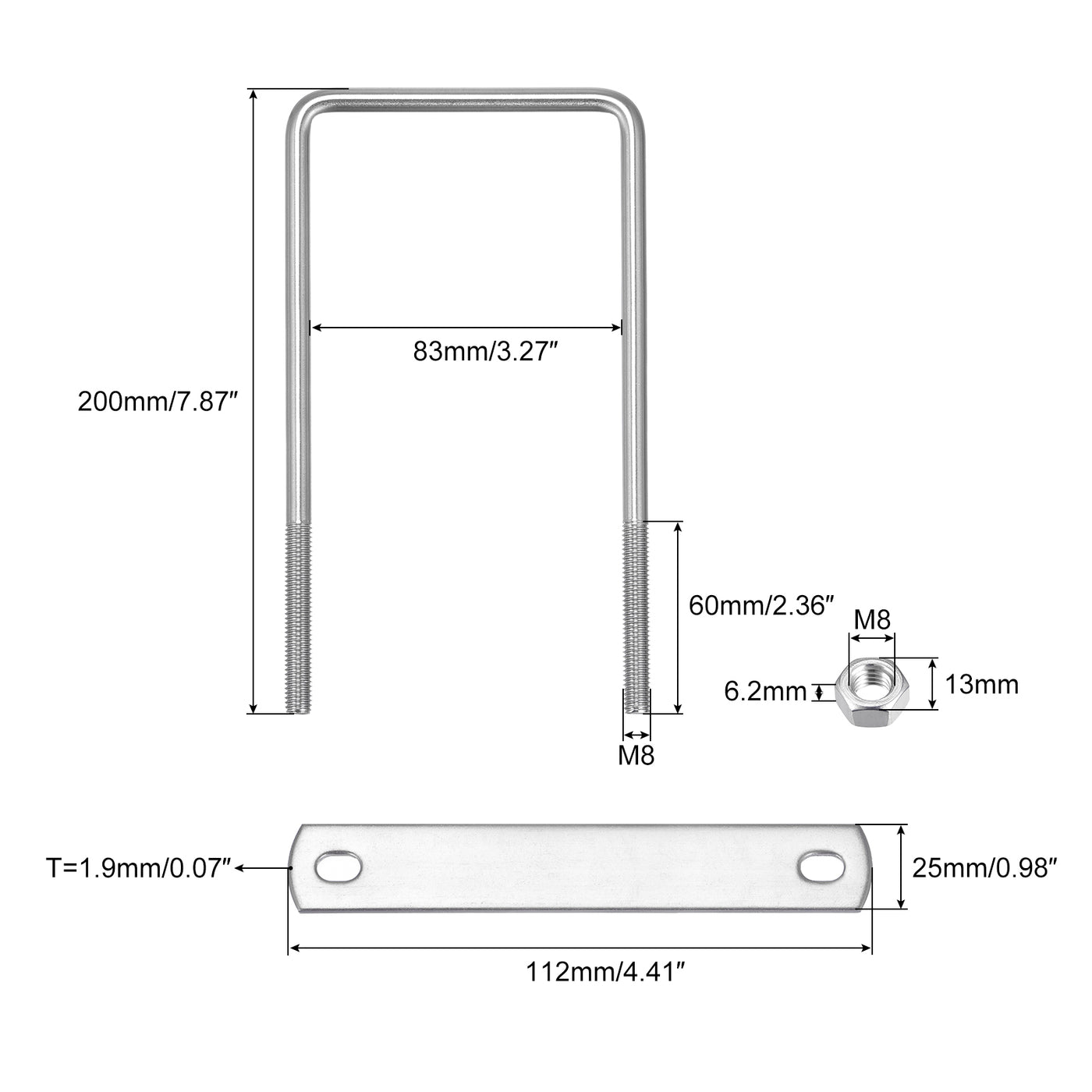 uxcell Uxcell Square U-Bolts, 2 Sets 82mm Inner Width 200mm Length M8 with Nuts and Plates