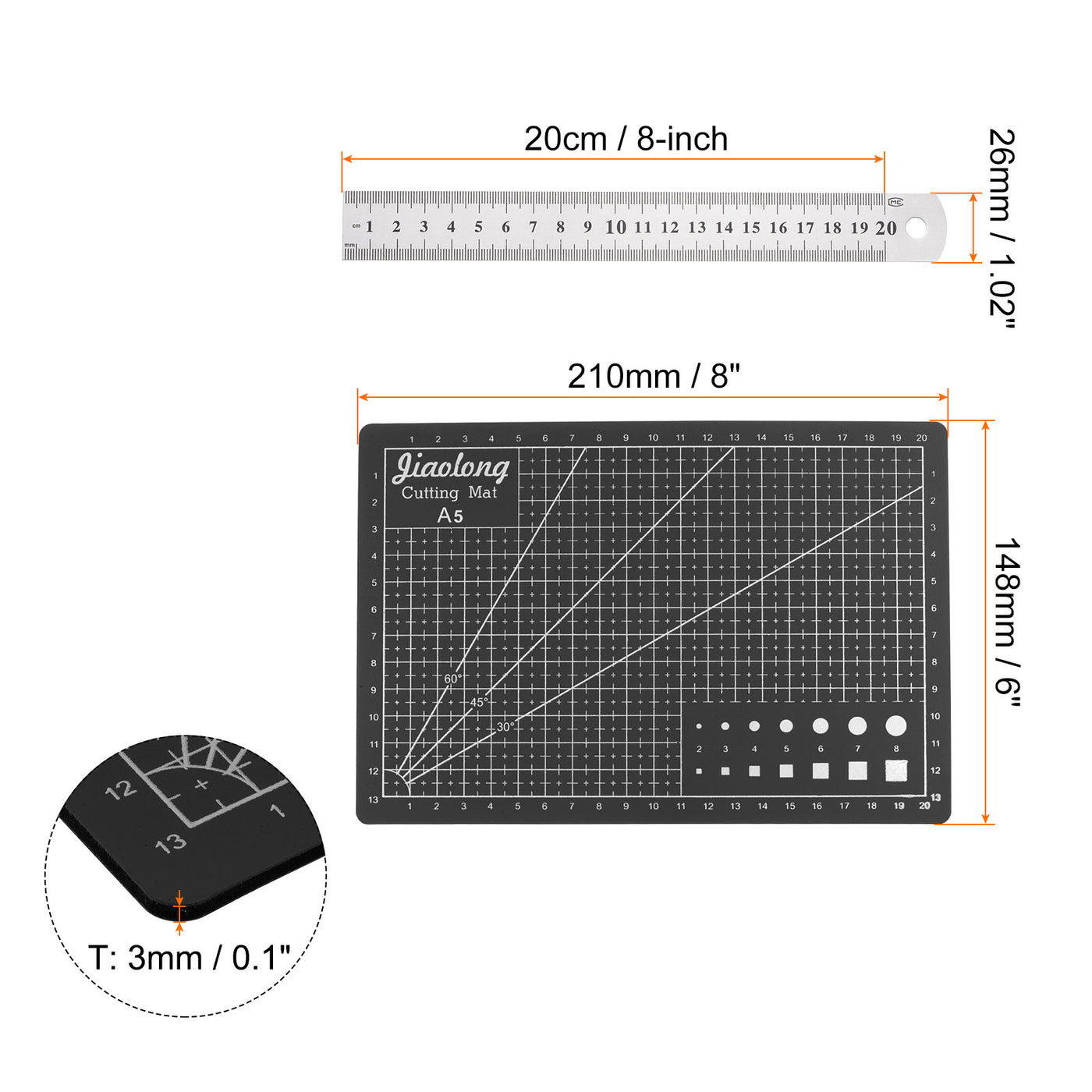 Harfington Schneidematte & Metall Lineal Satz A5 8" x 6" Schwarz Nähmatte 8" 20CM 0.7mm Dick Metrische British Systems Edelstahl Lineal Doppelseitig für Schneiden Messen