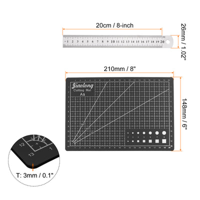 Harfington Schneidematte & Metall Lineal Satz A5 8" x 6" Schwarz Nähmatte 8" 20CM 0.7mm Dick Metrische British Systems Edelstahl Lineal Doppelseitig für Schneiden Messen