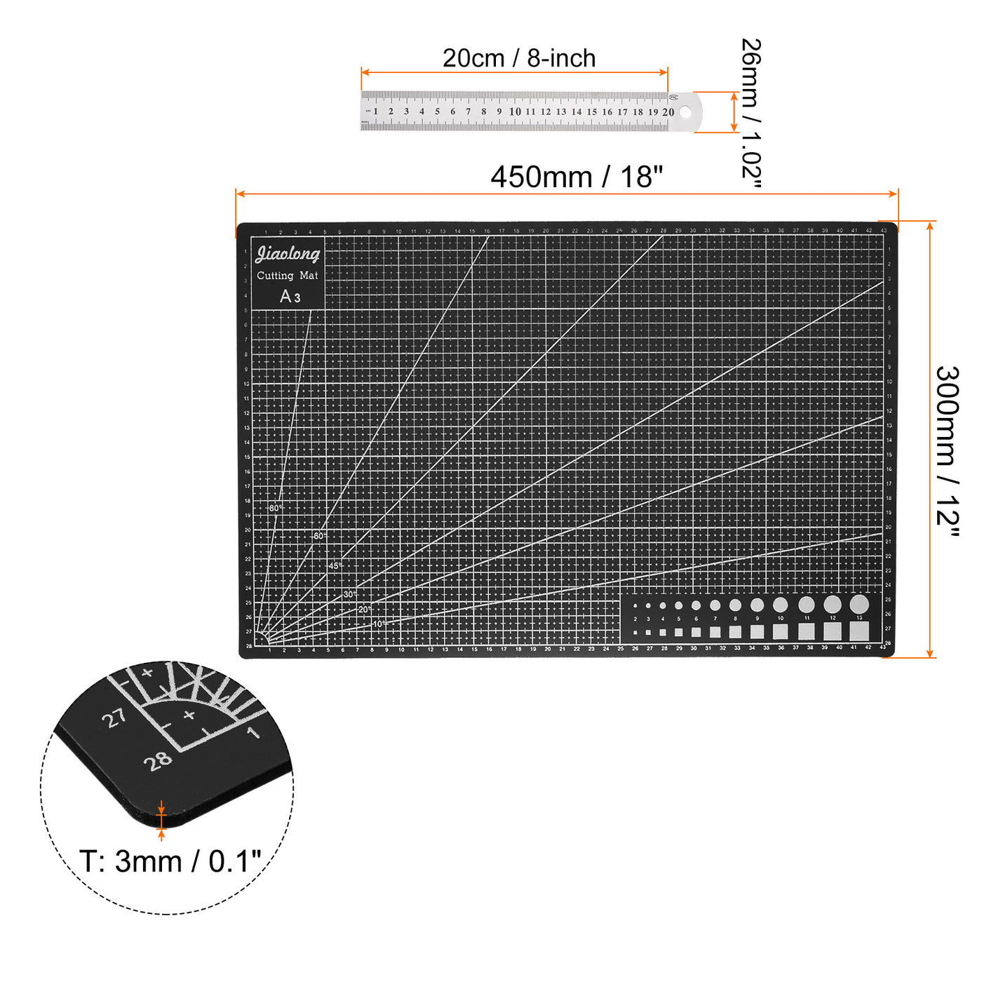 Harfington Cutting Mat & Metal Ruler Set A3 Black Mat 20CM 0.7mm Thick Ruler