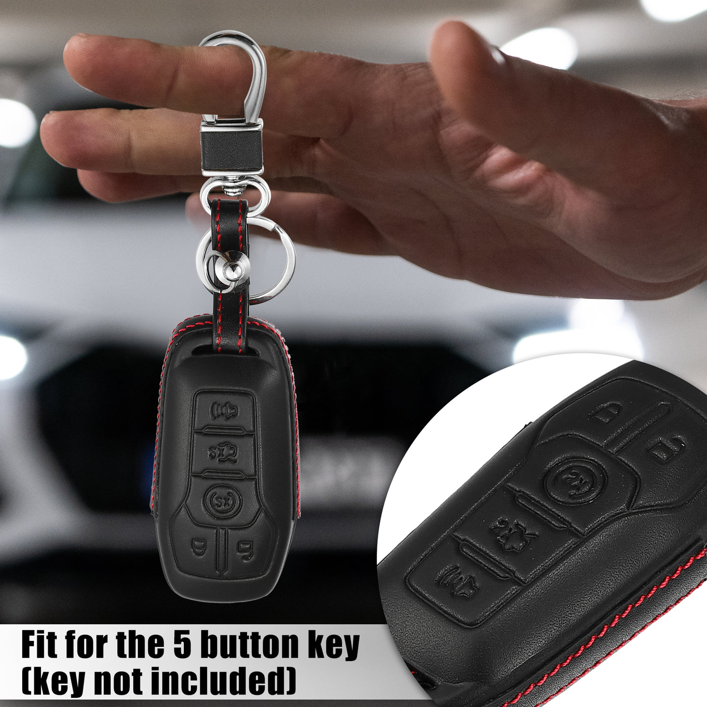 X AUTOHAUX Faux Leather 5 Button Car Key Fob Case Cover for Ford Fusion 2013-2016 with Key Rings Kit Smart Car Keyless Remote Key Pouch Bag Protector Black