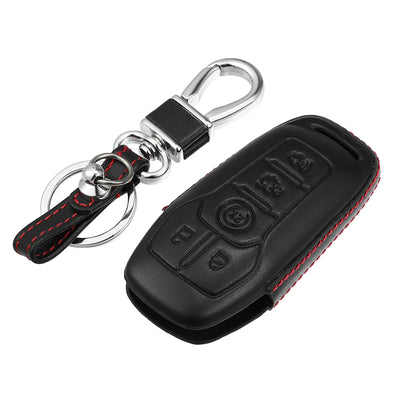 Harfington Faux Leather 5 Button Car Key Fob Case Cover for Ford Fusion 2013-2016 with Key Rings Kit Smart Car Keyless Remote Key Pouch Bag Protector Black