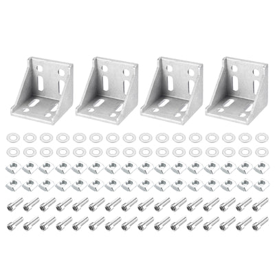 uxcell Uxcell 4Set Innenecke Klammer Zwickel Kit 57x57x59mm 6060 Winkel Verbinder für Europäisch 6060 Serie Aluprofil (Silber/ 32 x Vierkantmuttern und Innensechskantschrauben und Scheiben)