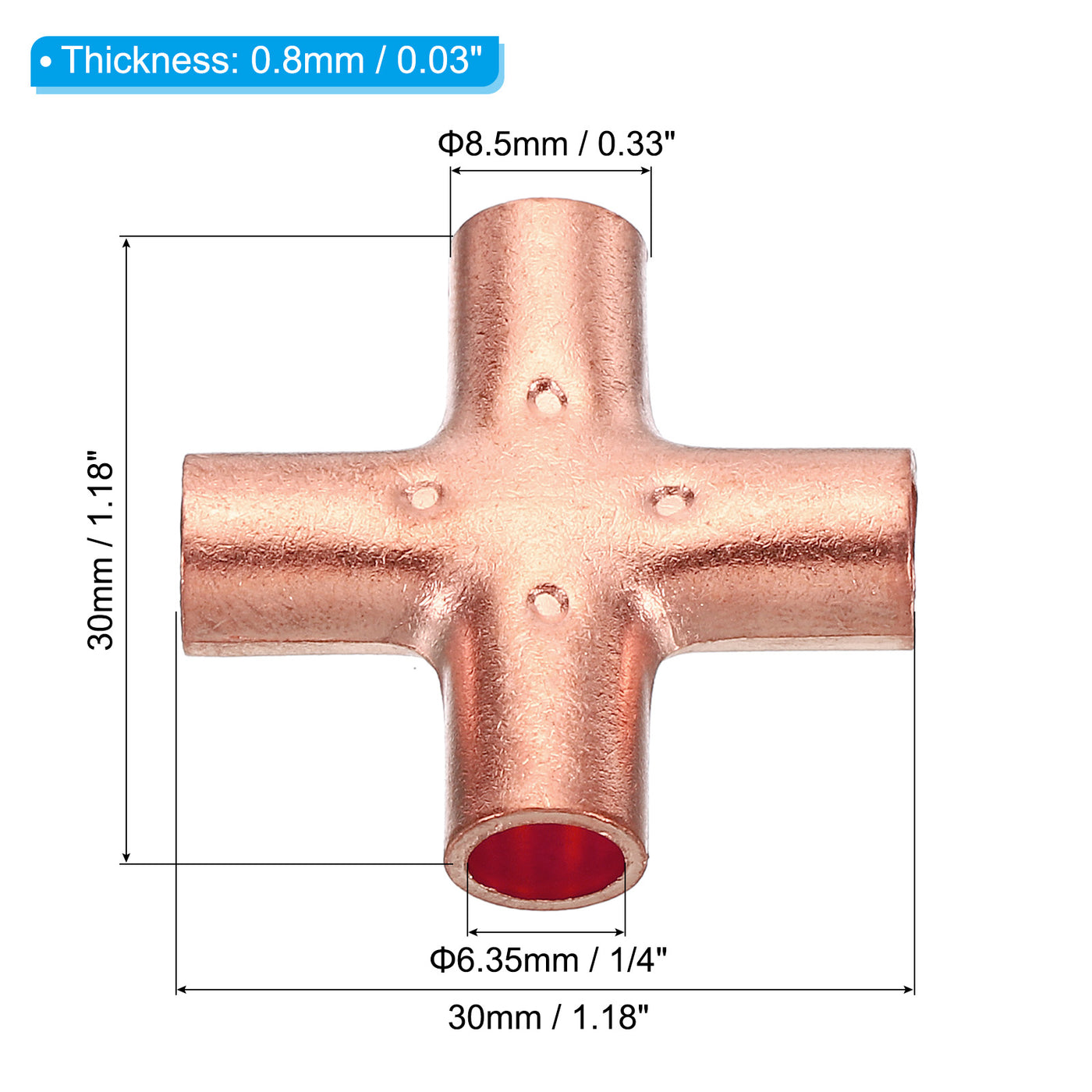 Harfington 1/4 Inch ID Copper Cross Pipe Fitting, 4 Way Welding Copper End Feed Equal Pipe Connector for Plumbing Air Conditioning Refrigeration