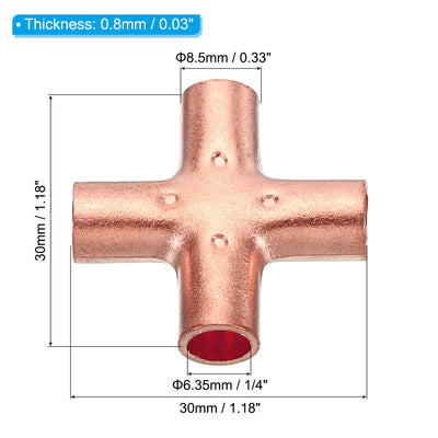 Harfington 1/4 Inch ID Copper Cross Pipe Fitting, 4 Way Welding Copper End Feed Equal Pipe Connector for Plumbing Air Conditioning Refrigeration