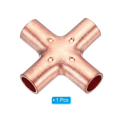 Harfington 1/4 Inch ID Copper Cross Pipe Fitting, 4 Way Welding Copper End Feed Equal Pipe Connector for Plumbing Air Conditioning Refrigeration