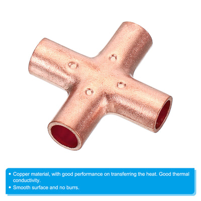 Harfington 1/4 Inch ID Copper Cross Pipe Fitting, 4 Way Welding Copper End Feed Equal Pipe Connector for Plumbing Air Conditioning Refrigeration