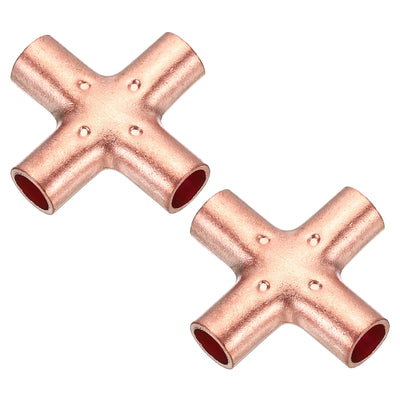 Harfington 1/4 Inch ID Copper Cross Pipe Fitting, 2 Pack 4 Way Welding Copper End Feed Equal Pipe Connector for Plumbing Air Conditioning Refrigeration