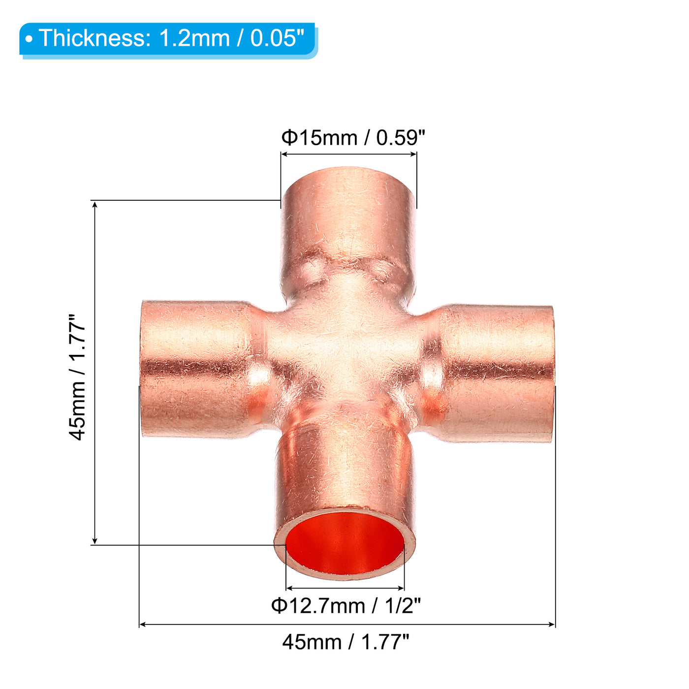 Harfington 1/2 Inch ID 15mm OD Copper Cross Pipe Fitting, 2 Pack 4 Way Welding Copper End Feed Equal Pipe Connector for Plumbing Air Conditioning Refrigeration