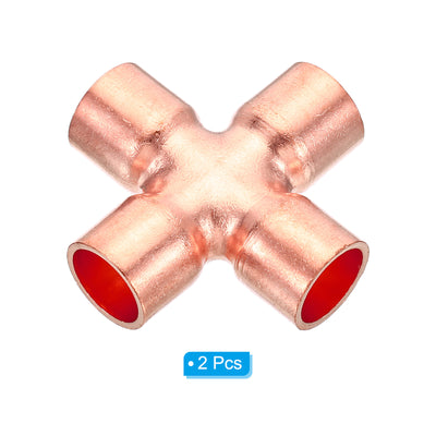 Harfington 1/2 Inch ID 15mm OD Copper Cross Pipe Fitting, 2 Pack 4 Way Welding Copper End Feed Equal Pipe Connector for Plumbing Air Conditioning Refrigeration