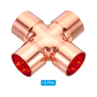 Harfington 7/8 Inch ID Copper Cross Pipe Fitting, 2 Pack 4 Way Welding Copper End Feed Equal Pipe Connector for Plumbing Air Conditioning Refrigeration