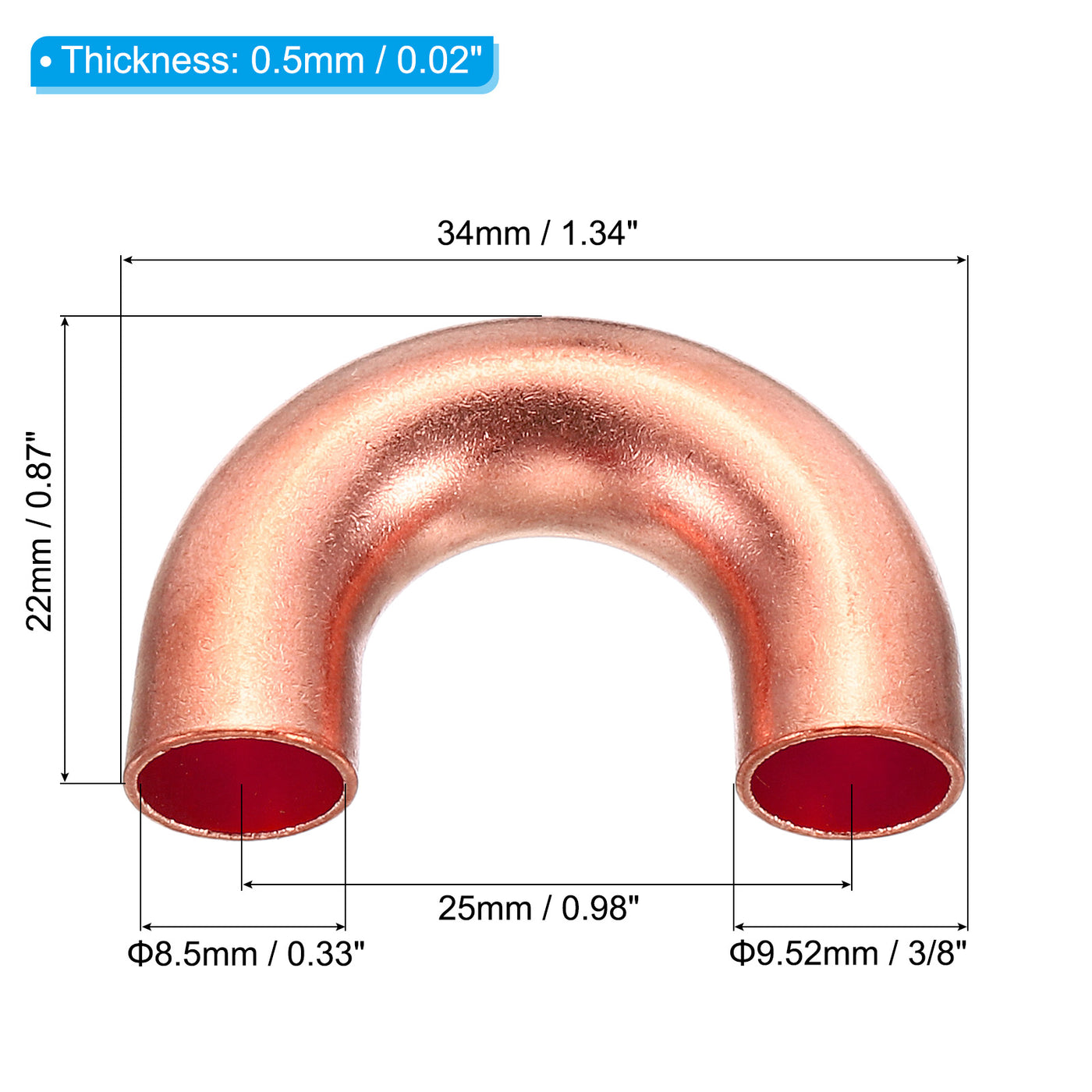 Harfington 3/8 Inch OD 34x22mm Elbow Copper Pipe Fitting, 2 Pack 180 Degree Bend Welding Sweat Solder Connection for HVAC Air Conditioner Plumbing