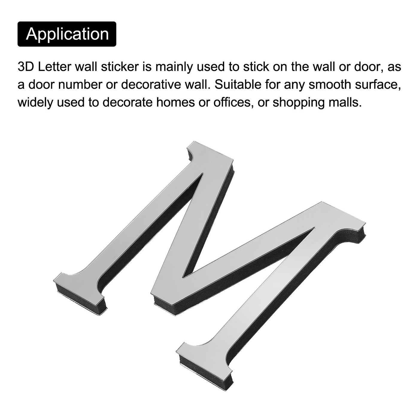 Harfington 3D Acrylic Alphabet Mirror Wall Stickers Letter M Self-Adhesive Silver Tone