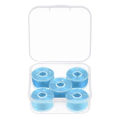 Harfington Prewound Sewing Bobbin Thread Set of 5pcs with Storage Plastic Case, Sky Blue