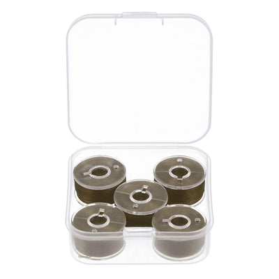 Harfington Prewound Sewing Bobbin Thread Set of 5pcs with Storage Plastic Case, Dark Tan