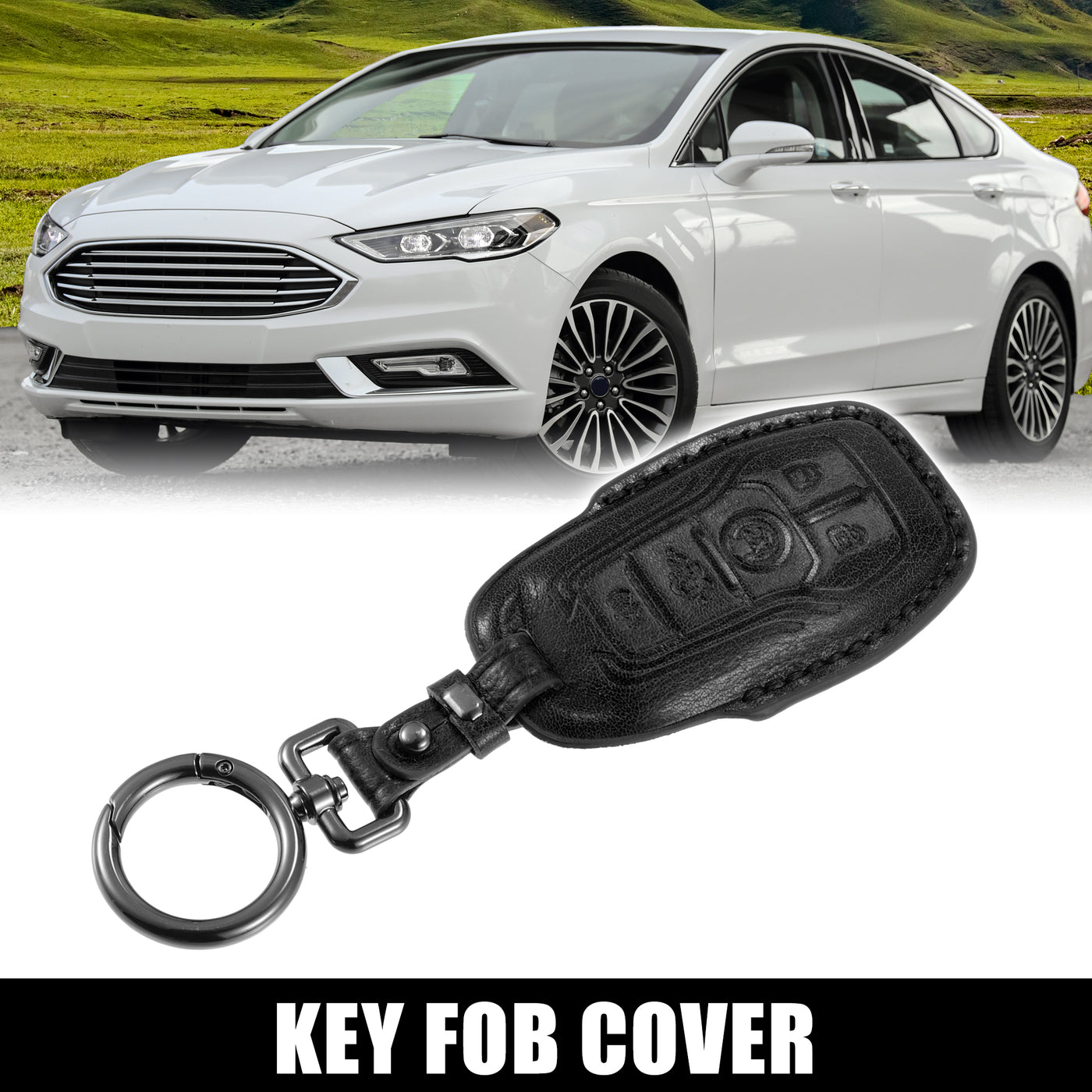 X AUTOHAUX Car Remote Key Fob Case Cover 6 Button Full Protector Black Faux Leather with Key Chain for Ford F150 2015 2016 2017 Explorer 2016 2017 2018 Fusion 2013 2014 2015 2016