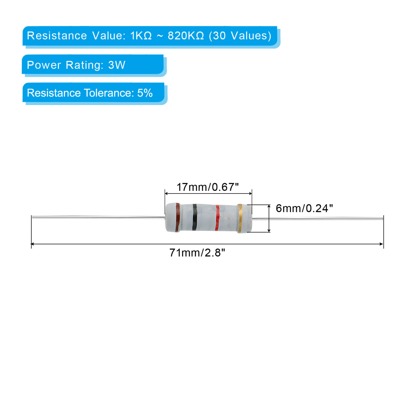 Harfington 150 Stück 3Watt 1K-820K Ohm Kohleschichtwiderstand, 30 Werte Widerstände Sortimentskit 5% Toleranz für DIY-Projekte und Experimente