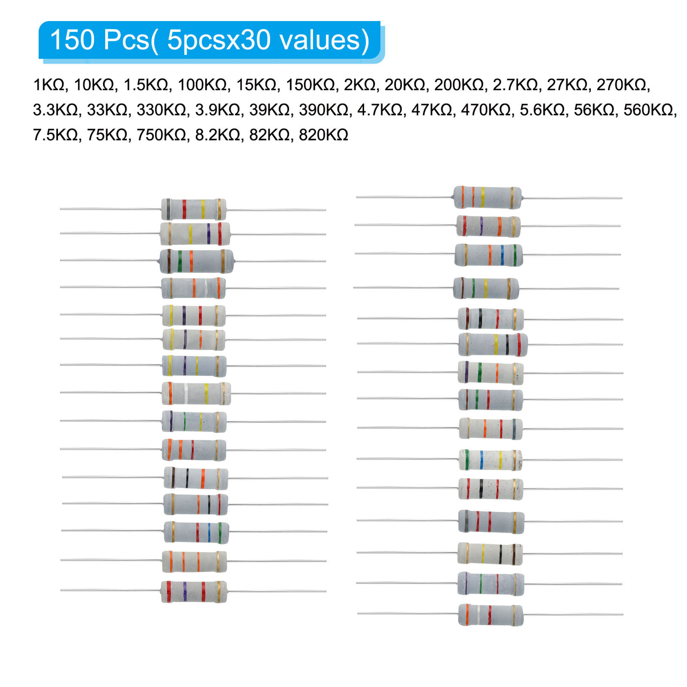Harfington 150 Stück 3Watt 1K-820K Ohm Kohleschichtwiderstand, 30 Werte Widerstände Sortimentskit 5% Toleranz für DIY-Projekte und Experimente