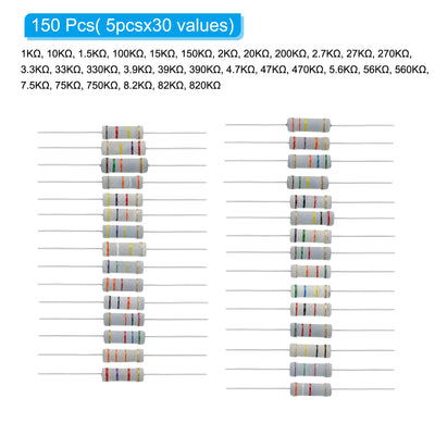 Harfington 150 Stück 3Watt 1K-820K Ohm Kohleschichtwiderstand, 30 Werte Widerstände Sortimentskit 5% Toleranz für DIY-Projekte und Experimente