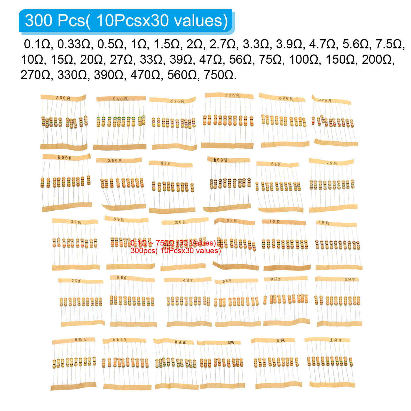 Harfington 300 Stück 1 Watt 0,1–750 Ohm Kohleschichtwiderstand, 30 Werte, Widerstände, Sortimentskit, 5 % Toleranz, für Heimwerkerprojekte und Experimente