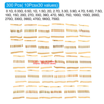 Harfington 300 Stück 1 Watt 0,1–750 Ohm Kohleschichtwiderstand, 30 Werte, Widerstände, Sortimentskit, 5 % Toleranz, für Heimwerkerprojekte und Experimente