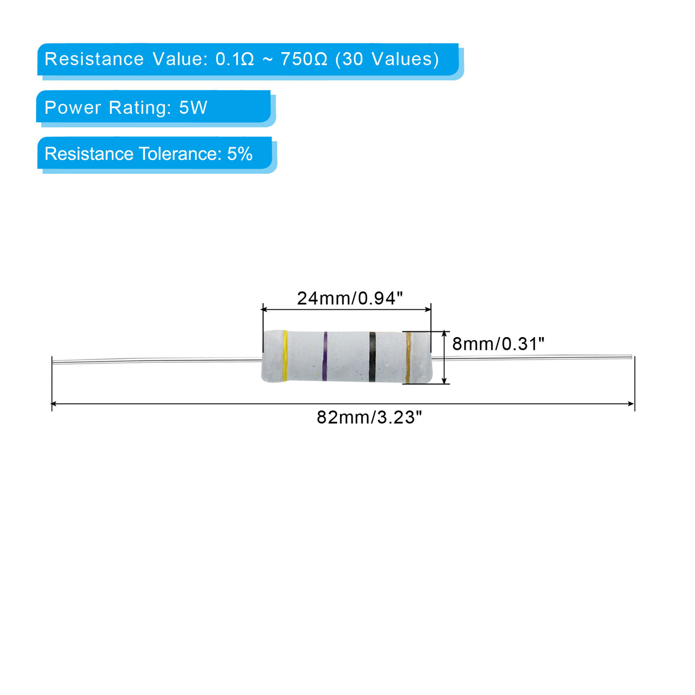 Harfington 150 Stück.5 Watt 0,1–750 Ohm Kohleschichtwiderstand, 30 Werte, Widerstände, Sortimentskit, 5 % Toleranz, für Heimwerkerprojekte und Experimente