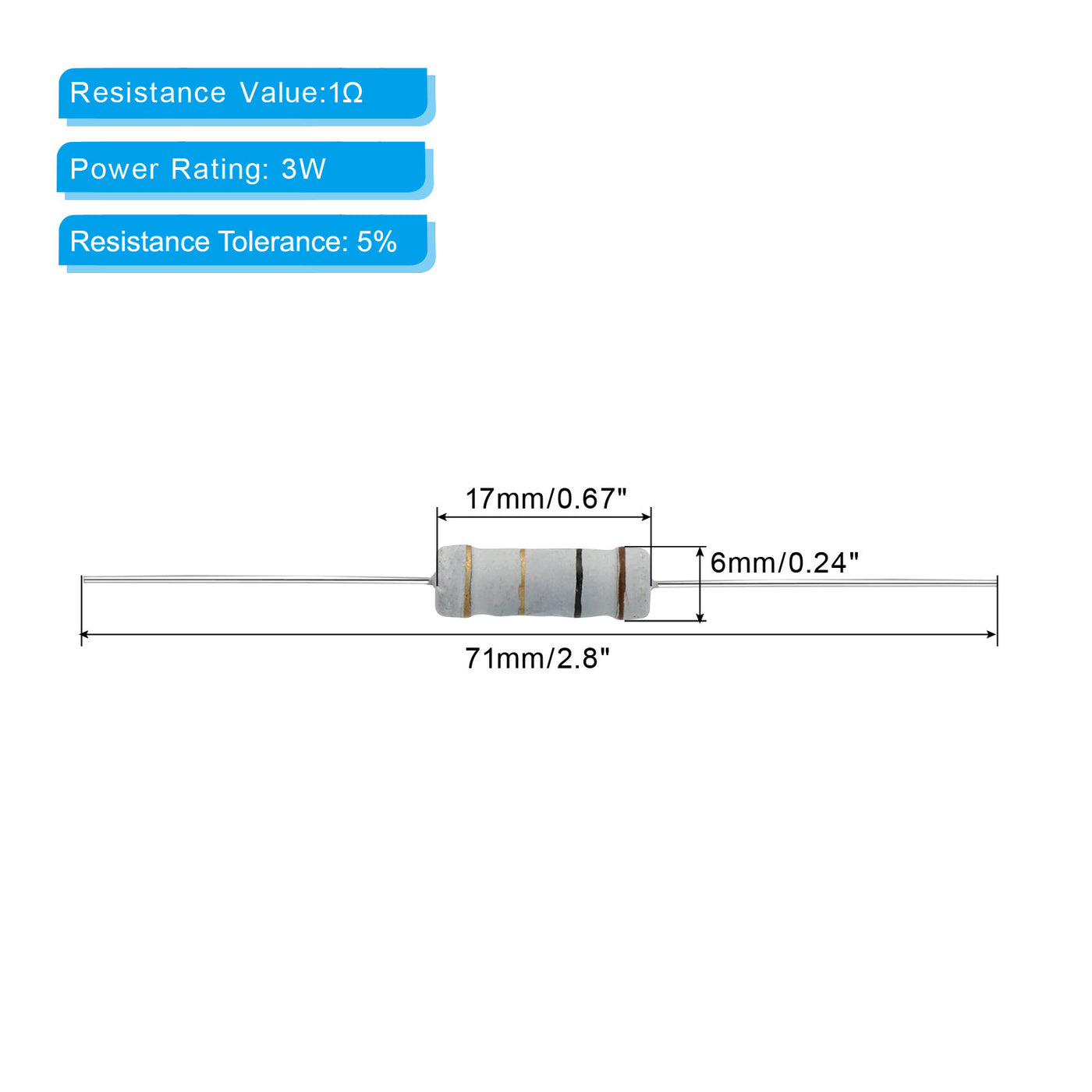 Harfington 20 Stück.3Watt 1 Ohm Kohleschichtwiderstand,5% Toleranz Widerstände Axial Bleifarbring für DIY Projekte und Experimente