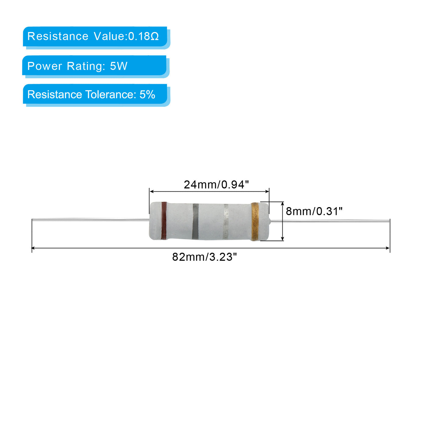 Harfington 20 Stück. 5Watt 0,18 Ohm Kohleschichtwiderstand, 5% Toleranz Widerstände Axial bleifarbener Ring für DIY-Projekte und Experimente