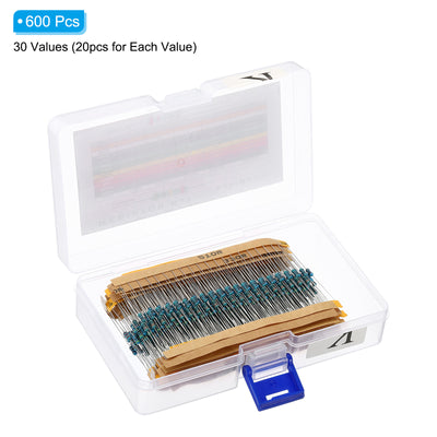 Harfington 600pcs Metal Film Resistor Assortment Kit with Box 10 Ohm - 1M Ohm, 30 Values 1/4W 5% Tolerance for DIY Projects Experiments