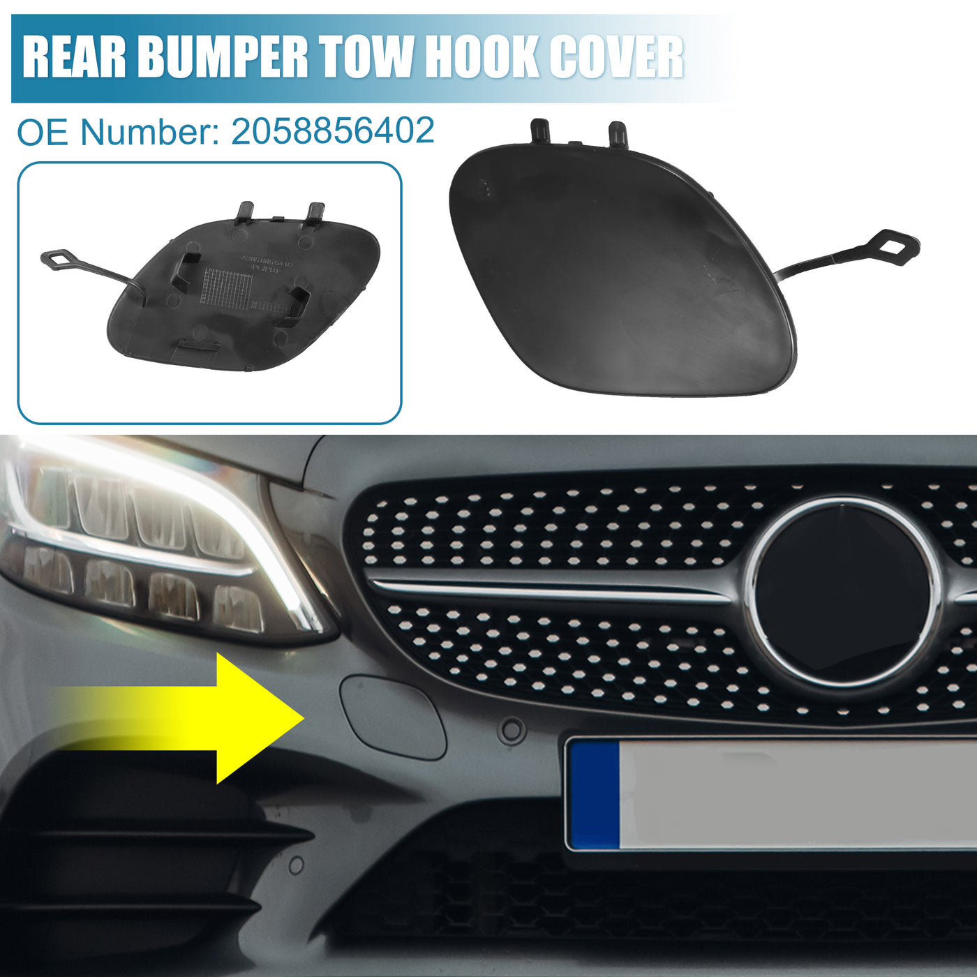 X AUTOHAUX Front Bumper Tow Hook Cover 2058856402 Car Trailer Hook Cover Fit for Mercedes-Benz C300 C200 C180 Black