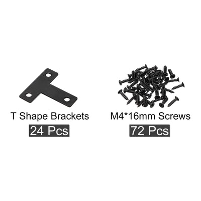 Harfington Uxcell T Shape Bracket, 40x40x1mm Carbon Steel Flat Repair Plates for Joint Fastener Furniture Construction, 24Pcs with Screws, Black