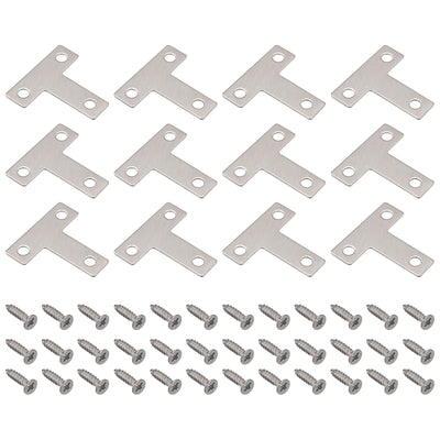 Harfington Uxcell T Shape Bracket, 40x40x1mm Stainless Steel Flat Repair Plates for Joint Fastener Furniture Construction, 24Pcs with Screws, Silver Tone