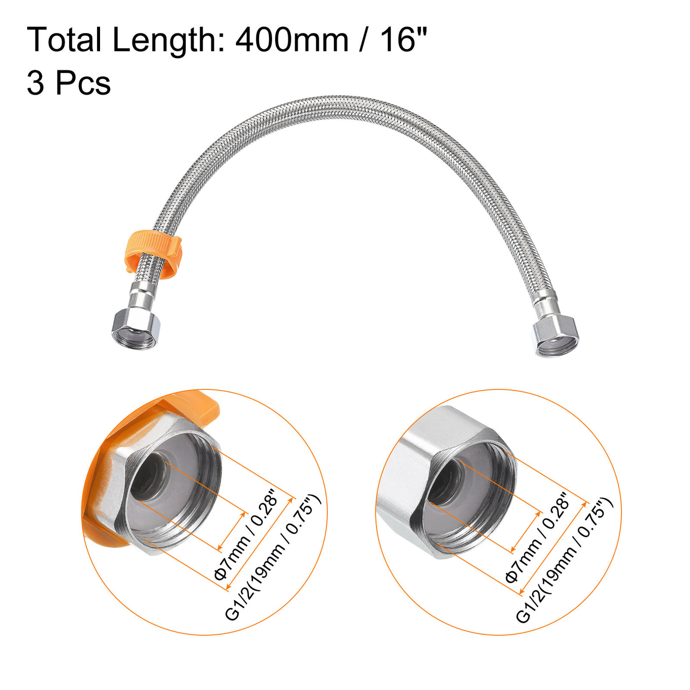 uxcell Uxcell Faucet Supply Line Connector, 3pcs G1/2 Female x G1/2 Female 16", Silver Tone