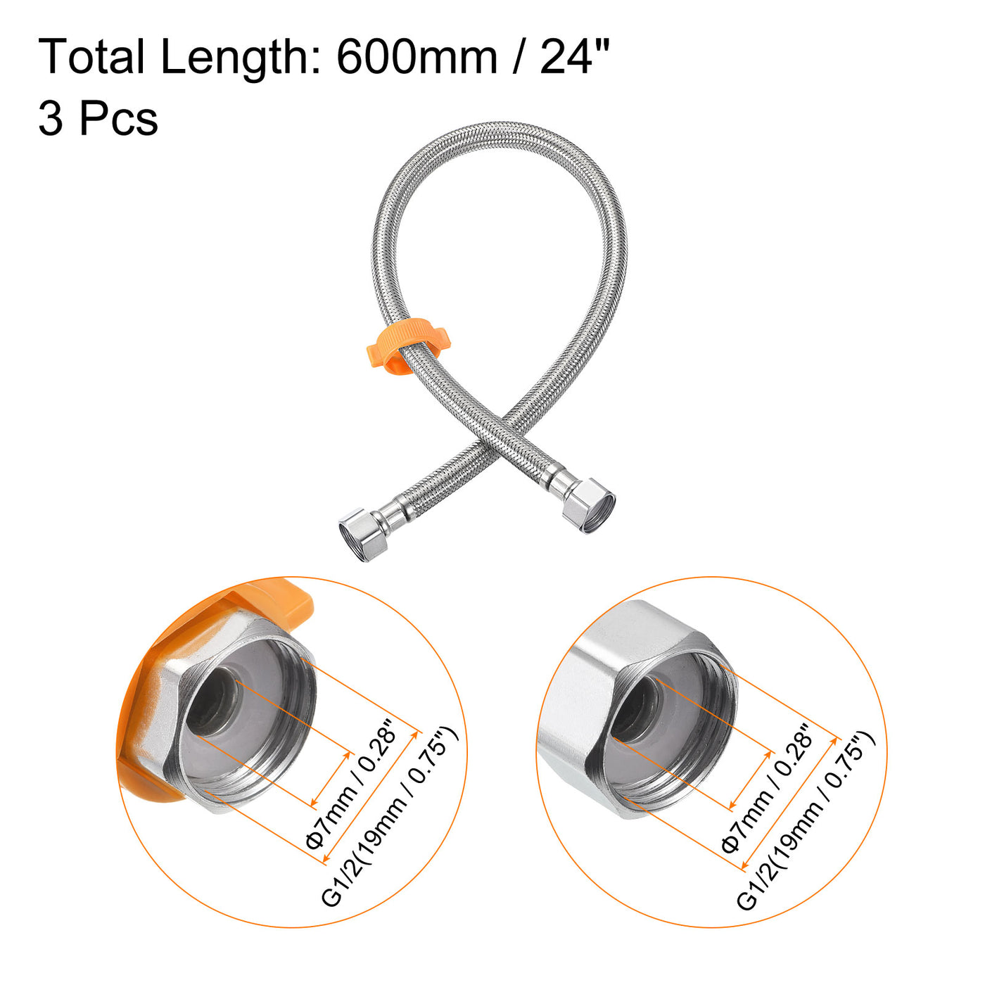 uxcell Uxcell Faucet Supply Line Connector, 3pcs G1/2 Female x G1/2 Female 24", Silver Tone