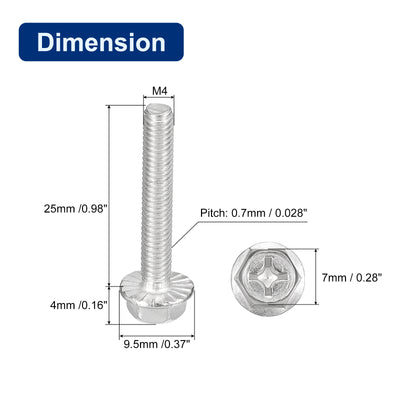 Harfington Uxcell M4x25mm Phillips Hex Head Flange Bolts, 30pcs 304 Stainless Steel Screws