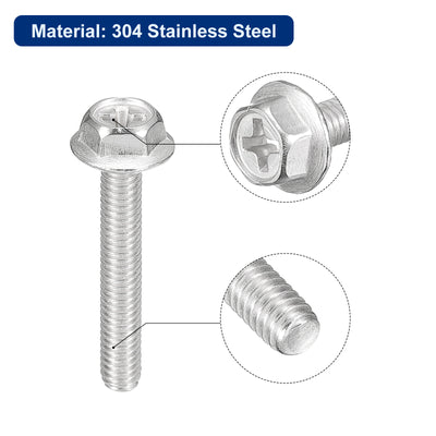 Harfington Uxcell M4x25mm Phillips Hex Head Flange Bolts, 30pcs 304 Stainless Steel Screws