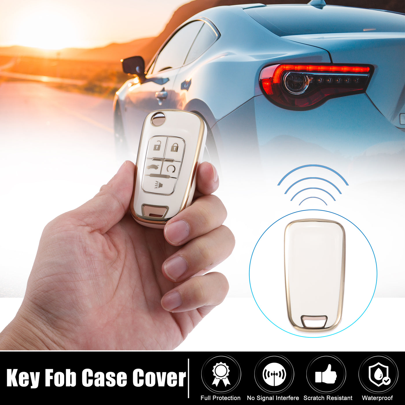 X AUTOHAUX Car TPU Smart Key Fob Case Cover Kit with Keychain for Chevrolet Equinox Camaro Cruze Malibu Sonic 5 Key Fob Shell Protector Keyless Gold Tone White