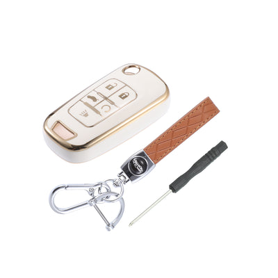 Harfington Car TPU Smart Key Fob Case Cover Kit with Keychain for Chevrolet Equinox Camaro Cruze Malibu Sonic 5 Key Fob Shell Protector Keyless Gold Tone White