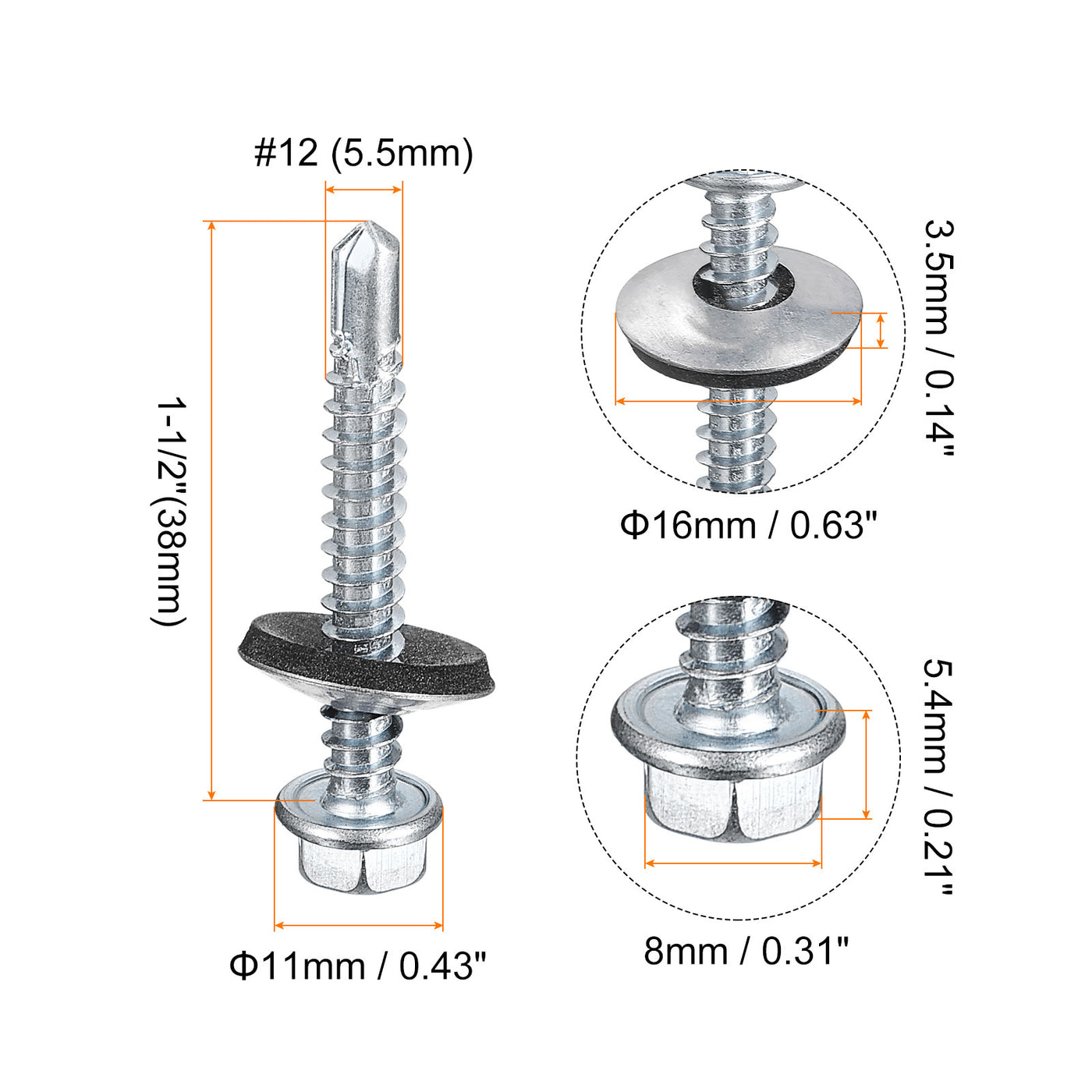 uxcell Uxcell #12 x 1-1/2" Self Drilling Screws, 25pcs Roofing Screws with EPDM Washer