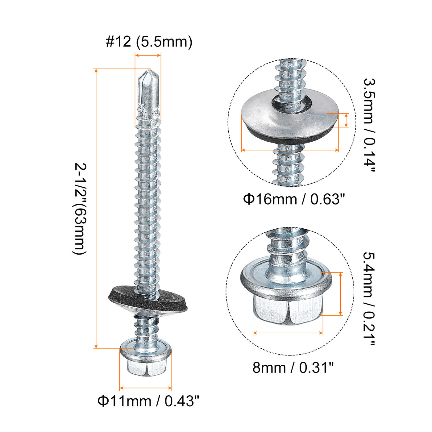 uxcell Uxcell #12 x 2-1/2" Self Drilling Screws, 50pcs Roofing Screws with EPDM Washer