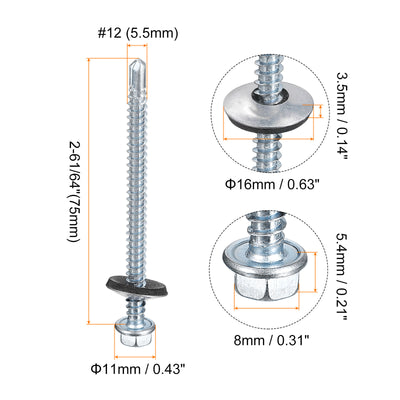 Harfington Uxcell #12 x 2-61/64" Self Drilling Screws, 50pcs Roofing Screws with EPDM Washer