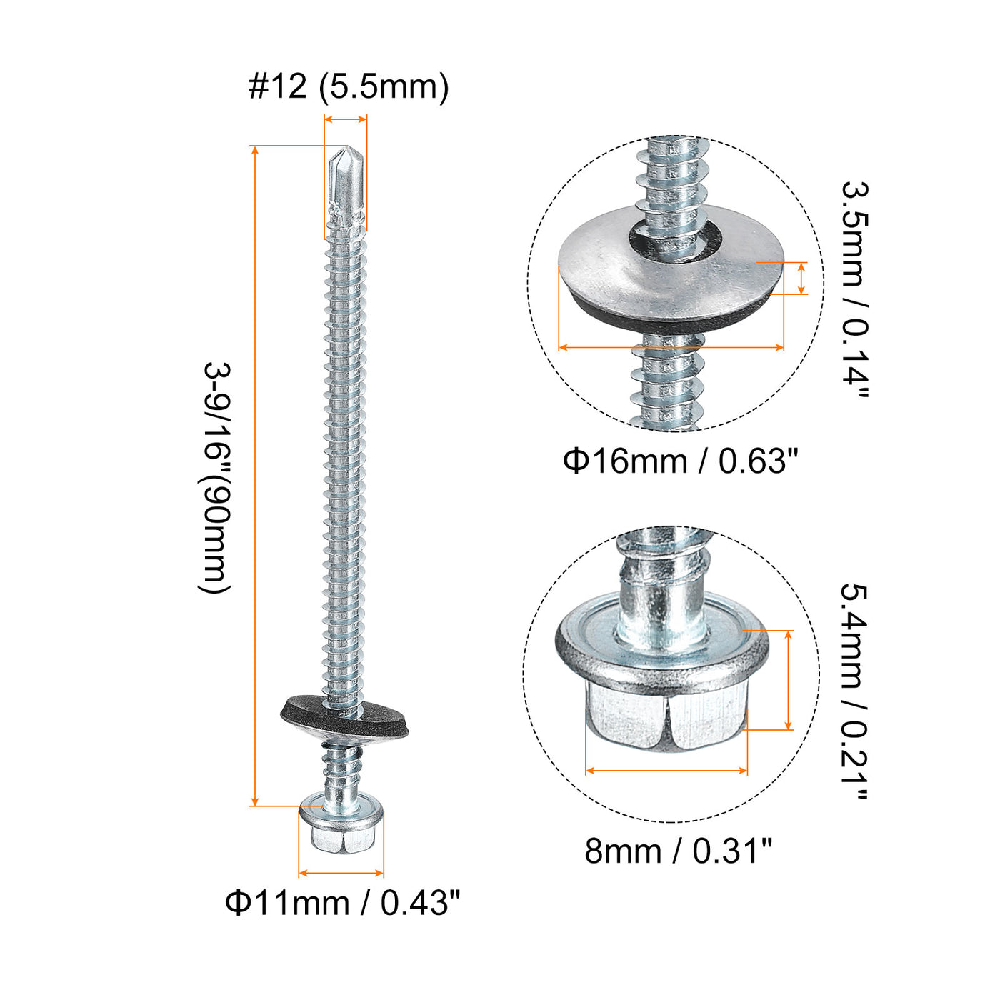 uxcell Uxcell #12 x 3-9/16" Self Drilling Screws, 50pcs Roofing Screws with EPDM Washer