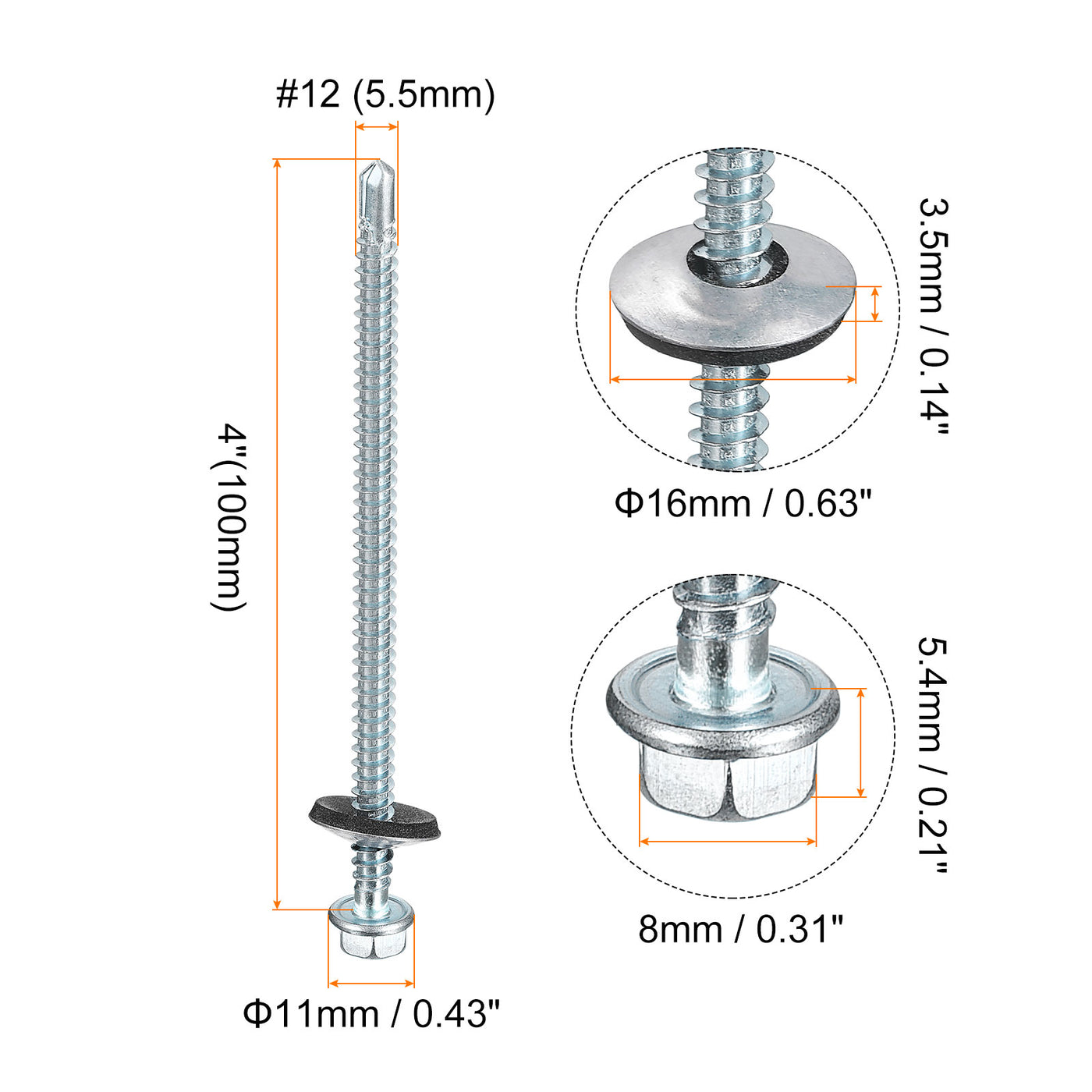 uxcell Uxcell #12 x 4" Self Drilling Screws, 25pcs Roofing Screws with EPDM Washer