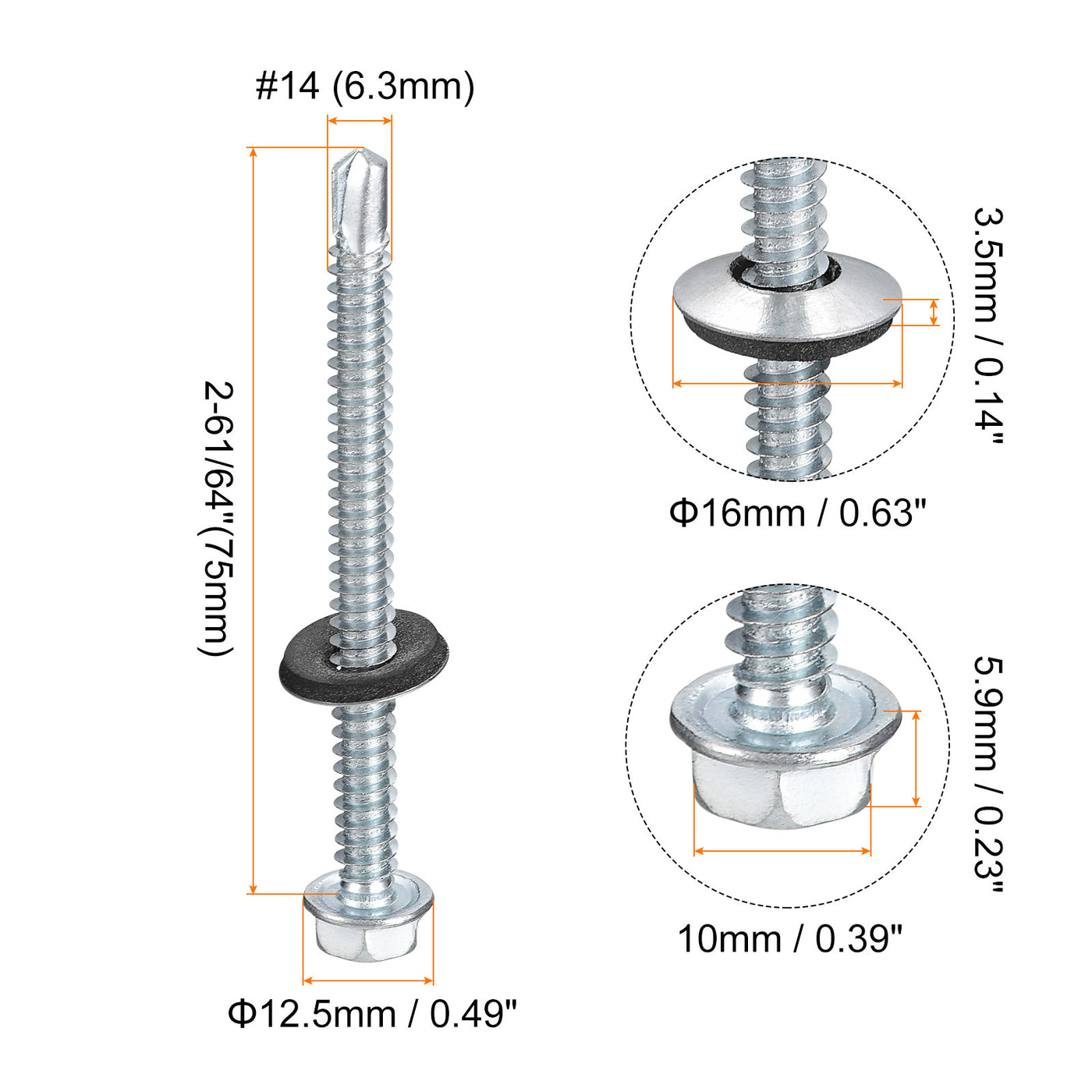 uxcell Uxcell #14 x 2-61/64" Self Drilling Screws, 25pcs Roofing Screws with EPDM Washer