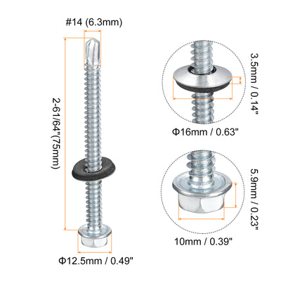 Harfington Uxcell #14 x 2-61/64" Self Drilling Screws, 25pcs Roofing Screws with EPDM Washer