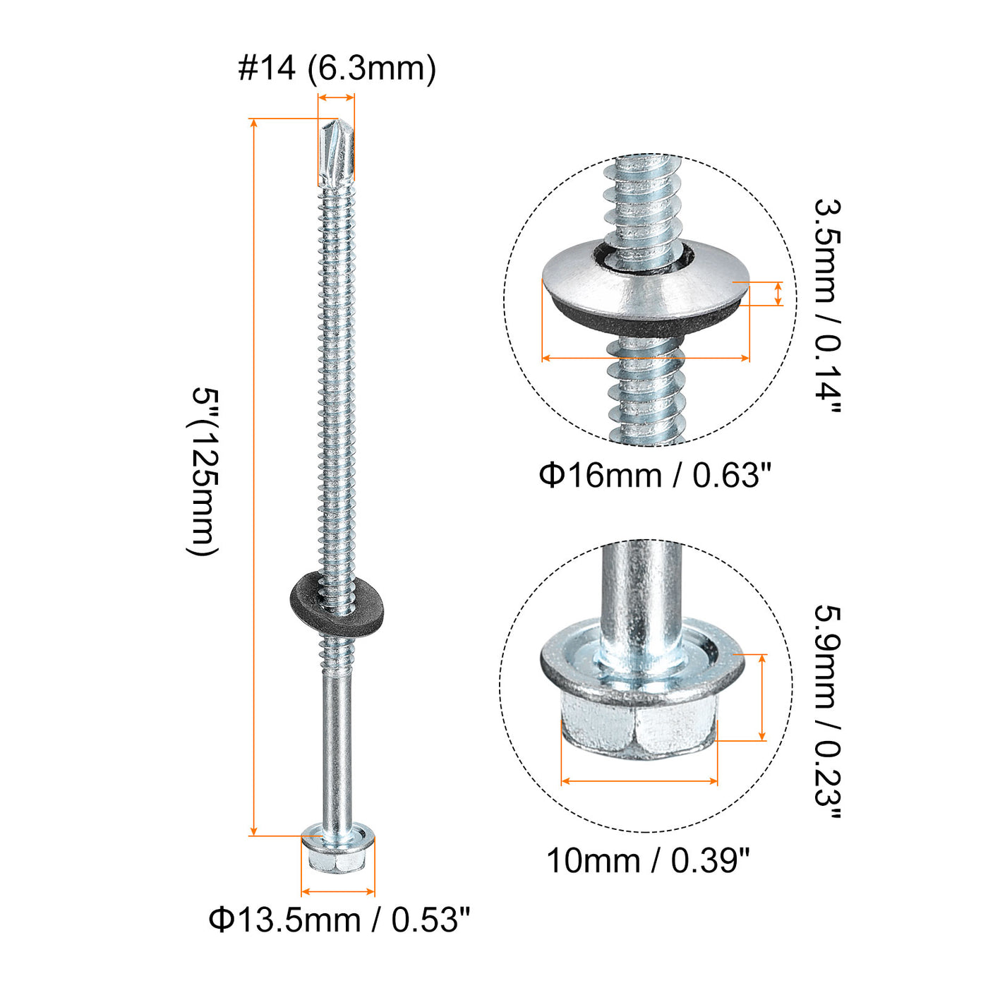 uxcell Uxcell #14 x 5" Self Drilling Screws, 25pcs Roofing Screws with EPDM Washer