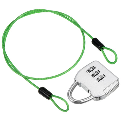 Harfington 3 Digit Combination Padlock with Security Steel Cable, 1 Set Travel Lock 1.6Ft Green Lock Chain for Suitcase Luggage, Silver