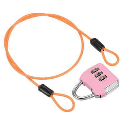 Harfington 3 Digit Combination Padlock with Security Steel Cable, 1 Set Travel Lock 1.6Ft Orange Lock Chain for Suitcase Luggage Pink
